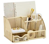 Annova, organizer da scrivania in rete con 7 scomparti + cassetto/organizer da scrivania per caramelle, portapenne, organizer multifunzione (Gold)