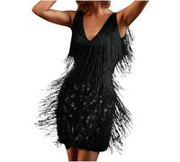 AnnSemo Abito midi casual da donna con gonna con nappa, scollo a V, maniche corte, vestito da donna, taglie forti, abiti da festa, abiti da ballo eleganti aderenti, abiti da sera, 02 Nero, 3XL