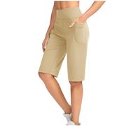 AnnSemo Pantaloncini da donna elastici a vita alta lunghezza al ginocchio pantaloni da yoga estivi stretch allenamento sport corsa pantaloncini lunghi da donna tinta unita pantaloni casual corti con
