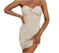 AnnSemo Vestito estivo da donna UK senza maniche profondo scollo a V abito aderente reggiseno alto elastico sexy mini abito corto casual monospalla spiaggia copertura up party club dress, Beige 1., S