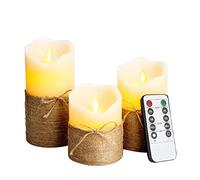 AnnSpa 3 Sets Corda di Canapa Candela LED Senza Fiamma a Batteria con Telecomando, Cera Vera Mossa tremolante stoppino Sfarfallio Ambra Candele gialla ， Cera Unscented per Regalo e Decorazione