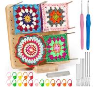 Annyswit Tavola Blocca Uncinetto per Granny Square 19.5 x 19.5 cm in Legno con 20 Perni in Acciaio Inossidabile 9 Aghi da Lana 2 Uncinetti 20 Marcatori Set Tavola per Progetti di Uncinetto e Maglia