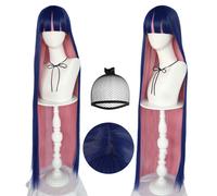 Anogol - Parrucca con cappuccio per capelli + parrucca rosa mix blu, 105 cm, lunga e liscia, per ragazza con frangia, costume da donna, parrucche