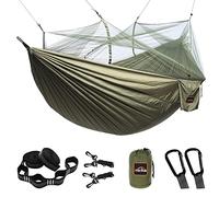 AnorTrek Amaca da Campeggio con Zanzariera, Doppia e Singola Amache Portatili Leggeri con Cinghie per Alberi, Amaca Paracadute per Campeggio, Escursionismo (Army &Green, 300 x 200 cm)