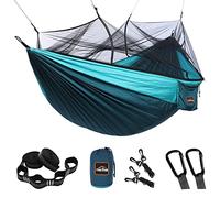 AnorTrek Amaca da Campeggio con Zanzariera, Doppia e Singola Amache Portatili Leggeri con Cinghie per Alberi, Amaca Paracadute per Campeggio, Escursionismo (Blu &blu scuro, 260 x 140 cm)