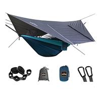AnorTrek Camping Hammock con rete antizanzare e tettoia antipioggia, amaca doppia portatile con due cinghie per albero, amaca in nylon 210T e set di tettoia antipioggia impermeabile per escursioni