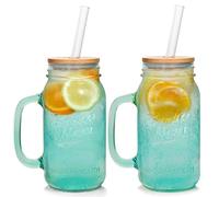 ANOTION Barattolo con manico, bicchieri colorati in vetro colorato con coperchi e cannucce, set di 2 barattoli per caffè freddo, bicchieri per frullati, bottiglie d'acqua