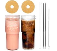 ANOTION Tazze di vetro con coperchi e cannucce, 2 pezzi, tazza da caffè da viaggio da 680,4 ml, barattolo di vetro per frullate, tazza da tè e boba tazze trasparenti e carine bicchieri da acqua