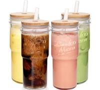 ANOTION Tazze di vetro con coperchi e cannucce, 4 pezzi, tazza da caffè da viaggio da 680,4 ml, barattolo di vetro per frullate, tazza da tè e boba tazze trasparenti e carine bicchieri da acqua