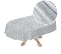 ANRO Tovaglia cerata, di alta qualità, lavabile, ovale, 260 x 150 cm, colore: argento damascato