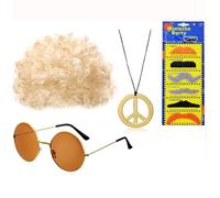 ANROI Set costume Hippie 9 pezzi, parrucca disco anni '70 '80, parrucca afro alla moda, occhiali da sole, collana segno di pace, baffi, parrucca bionda, parrucca da uomo per tema Hippie