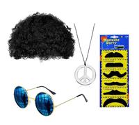ANROI Set costume Hippie per uomo da 9 pezzi: parrucca castana anni '70 '80, nero da sole, collana con simbolo della pace, baffi, ideale per feste retrò.