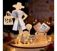 Anruzon Regali in denaro per 80° compleanno, donna, con catena luminosa a LED, targa in legno, libro degli ospiti, decorazione per 80° compleanno, regalo personalizzabile, decorazione da tavolo per