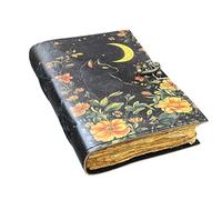 ANSAR HANDICRAFTS Black Cat & Moon Leather Journal - Handmade Vintage Notebook with Orange Floral Botanical Design, Deckle Edge Paper, Metal Clasp - Witchy Grimoire, Sketchbook, Diary