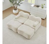 Anself Divano modulare 2 posti con 2 pouf, divano senza struttura in schiuma ad alta densità 32D, cuscino per braccioli regolabile, design antiscivolo, beige, per soggiorno e appartamento