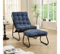 Anself Sedia da giardino reclinabile con pouf, comoda sedia a sospensione, cuscino morbido e piedistallo, struttura nera cuscino blu scuro, per salotto/camera/lettura