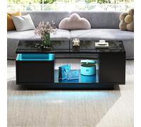 Anself Tavolo da Salotto 100x50x36cm con LED e Cassetto, Nero | Cassetto, LED controllati via App, 4 scomparti laterali, vuoto centrale, superficie lucida facile da pulire, capacità