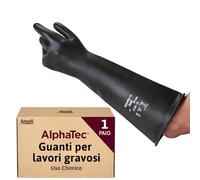 Ansell AlphaTec 87-104 Guanti di Protezione Chimica in Lattice, Polsino Lungo (43 cm), Elevata Resistenza alle Sostanze Chimiche, Impermeabili e Riutilizzabili, Nero, Taglia 10.5 (1 Paio)