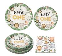 Anseom 75 Pezzi Compleanno Feste Forniture Stoviglie, Set di stoviglie per feste Jungle Safari Piatti di Carta Tovaglioli per Feste di Ccompleanno Decorazione di Compleanno Baby Shower(25 Ospiti)
