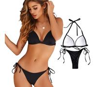 Anseom Set Bikini a Due Pezzi, Top Bikini Triangolo Sexy con Inferiore Tie Laterale, Costume da Bagno Push Up per Donna (IT, Testo, L, Regular, Regular, Nero)