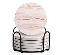 Anseom Set di 6 Sottobicchieri in Ceramica,Sottobicchieri in Pietra Assorbente,Sottobicchieri con Staffa Metallica, Base in Sughero, Sottobicchieri per la decorazione della casa, tavola, bar (Bianco)