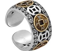 Anshka Max Force - Anello con 5 monete dell'imperatore, Feng Shui cinese, anello regolabile con cinque monete imperatore aperto, Argento