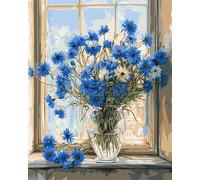 ANSIWEIGO Kit da dipingere con i numeri, motivo fiori per adulti, vaso di fiordalisi sul davanzale della finestra, 40 x 50 cm, tela artistica da parete astratta con i numeri, kit per decorazione da