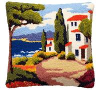 ANSIWEIGO Kit di cuscini con gancio per principianti, paesaggio mediterraneo, semplice set fai da te con tela prestampata, gancio e federa, 43 x 43 cm, ideale per la prima volta per adulti e