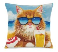ANSIWEIGO Kit di federe per cuscino fai da te, 43 x 43 cm, con tela stampata, filato, guida passo passo e confezione regalo, perfetto per chi ama la prima volta, gatto arancione in vacanza
