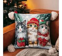 ANSIWEIGO Kit fai da te per cuscino con gancio a scatto, divertente attività domestica, per adulti e bambini, gatto natalizio, crea una federa per cuscino da 43 x 43 cm, kit facile con filo, gancio e