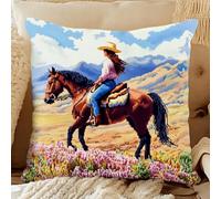 ANSIWEIGO Kit Latch Hook per fai da te Throw Pillow Cover,Western Cowgirl equitazione,fai da te Needlework federa prestampata di colore tela all'uncinetto mano decorazione regalo 17 x 17 pollici
