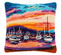 ANSIWEIGO Kit per cuscino con gancio a scatto per principianti, per realizzare una federa per cuscino da 43 x 43 cm, barca a vela al tramonto, divertente artigianato fai da te per adulti relax e