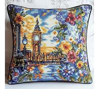 ANSIWEIGO Kit per cuscino con punto smirne 43 x 43 cm, kit fai da te con tela prestampata con filato grosso, progetto fai da te completo per principianti, paesaggio urbano londinese