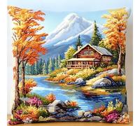 ANSIWEIGO Kit per cuscino natalizio fai da te, 43 x 43 cm, in tela stampata, per decorare la casa festiva, ideale per adulti, ragazzi e principianti, cabina sul lago della foresta