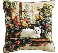 ANSIWEIGO Set da ricamo a punto croce, prestampato, fiori e gatti sul davanzale della finestra, cuscino 18 x 18 pollici, set per principianti fai da te per adulti da ricamare