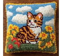 ANSIWEIGO Set di bottoni per cuscini e tappeti, fai da te con fili di lana e rete per tessitura, cuscino a punto croce, 43 x 43 cm, Latch Hook, set fai da te per adulti e principianti, gatto di fiori