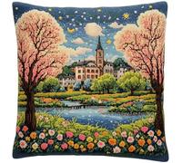 ANSIWEIGO Set di ganci in tela stampata facile da seguire, filato morbido e colorato, perfetto per principianti e famiglie, accento per la casa fatto a mano, 43,2 x 43,2 cm, paesaggi primaverili