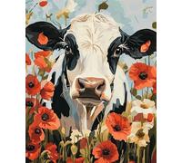 ANSIWEIGO Set per pittura con numeri, per adulti con mucca animale su tela, mucca tra fiori rossi, set da pittura con numeri, arte terapia per alleviare l'ansia per principianti, 40 x 50 cm, senza