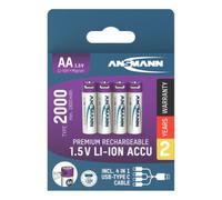 Ansmann 4x Batterie ricaricabili AA Li-Ion 1.5V 2000mAh + Cavo 4in1 USB Type-C