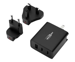 ANSMANN Adattatore universale da viaggio, caricatore rapido, multiporta da viaggio, compatibile con USB C A per smartphone, tablet, laptop, spina EU/UK/US in nero, compatto e leggero