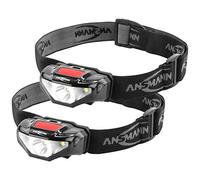 ANSMANN Lampada frontale a LED HD70B, set da 2 pezzi, con 65 lumen, IP44, protezione dagli spruzzi d'acqua, portata 80 m, 3 funzioni, lampada da testa da 3 W, ideale per ciclismo, corsa con cane,