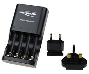 ANSMANN Powerline 4 - Caricabatteria intelligente AA e AAA per batterie ricaricabili NiMH NiCD con spina UK e display a colori multi LED, ricarica e monitoraggio individuali veloci - 3 anni di garanzia