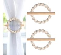 ANSNOW Fermatenda per Tende, 2 Pezzi Fermatenda per Tenda in Cotone con Fibbia Decorativa in Corda Intrecciata a Mano Anello per Tenda Fermatenda per Drappeggio con Bastoncino Di Legno (Beige)
