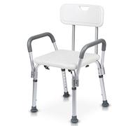 Ansobea Sgabello da doccia rettangolare con braccioli e schienale, regolabile in altezza, portata fino a 136 kg, colore: bianco