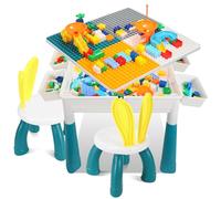 Ansobea Tavolo per bambini con 2 sedie, tavolo da gioco per bambini con 251 mattoncini da costruzione, tavolo da attività multifunzione a partire dai 2 anni con spazio di archiviazione, set di