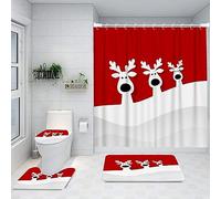 Ansouyi Set di 4 tende da doccia da bagno con tappeti antiscivolo, copriwater e tappetino da bagno, renna natalizia su rosso, tenda da doccia impermeabile resistente per il bagno con 12 ganci