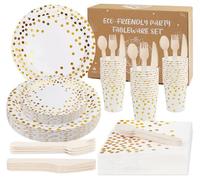 Anstore 200 Pezzi Piatti di Carta a Pois Bianchi e Dorati, 25 Ospiti Stoviglie Carta Riutilizzabile per Feste, Matrimoni, Compleanno, Natale, Piatti, Cucchiai, Forchette, Coltelli, Tazze, Tovaglioli