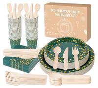 Anstore 200 piatti di carta verde con pois dorati, set con forchette, coltelli, cucchiai, tovaglioli, bicchieri per 25 ospiti, ideale per feste, compleanni, matrimoni