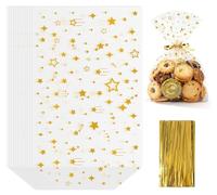 Anstore Sacchetti di cellophane trasparenti con stelle dorate, 18 x 30 cm, sacchetti di cellophane trasparenti in OPP con fondo a croce