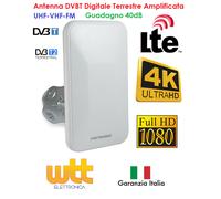 Antenna Amplificata TV digitale terrestre Interno Esterno UHF VHF FM 40dB LTE 4K